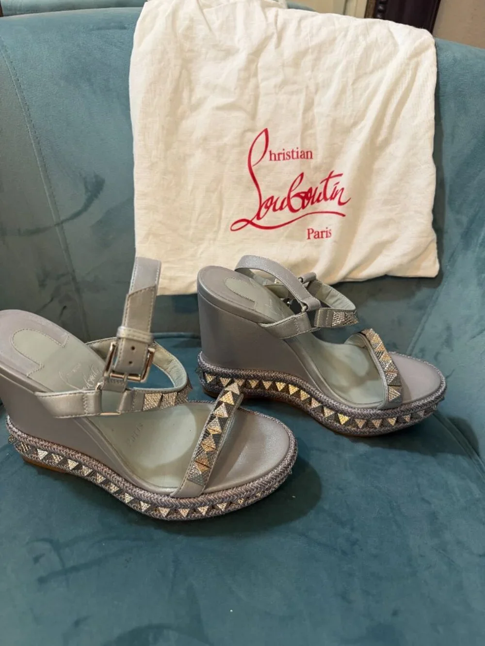 Christian Louboutin Silver Studded Espadrille Wedge Sandals Sz 35